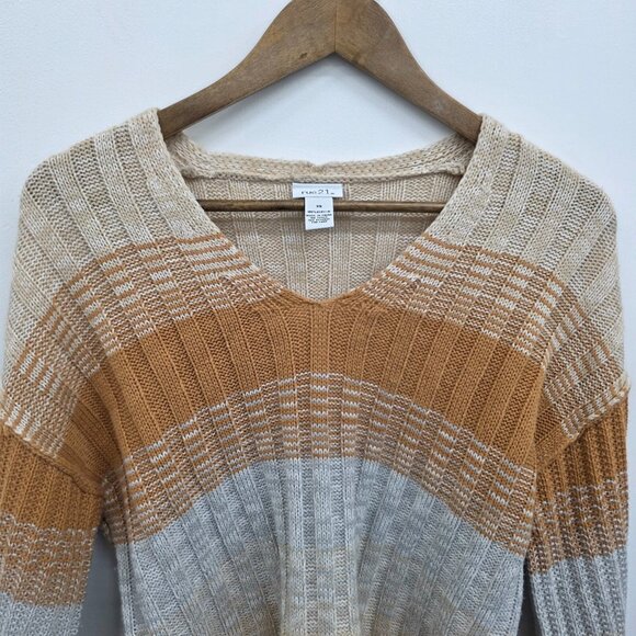 Womens XS Distressed V Neck Striped Knit Sweater Beige Tan Gray Boho Grunge - Picture 9 of 15